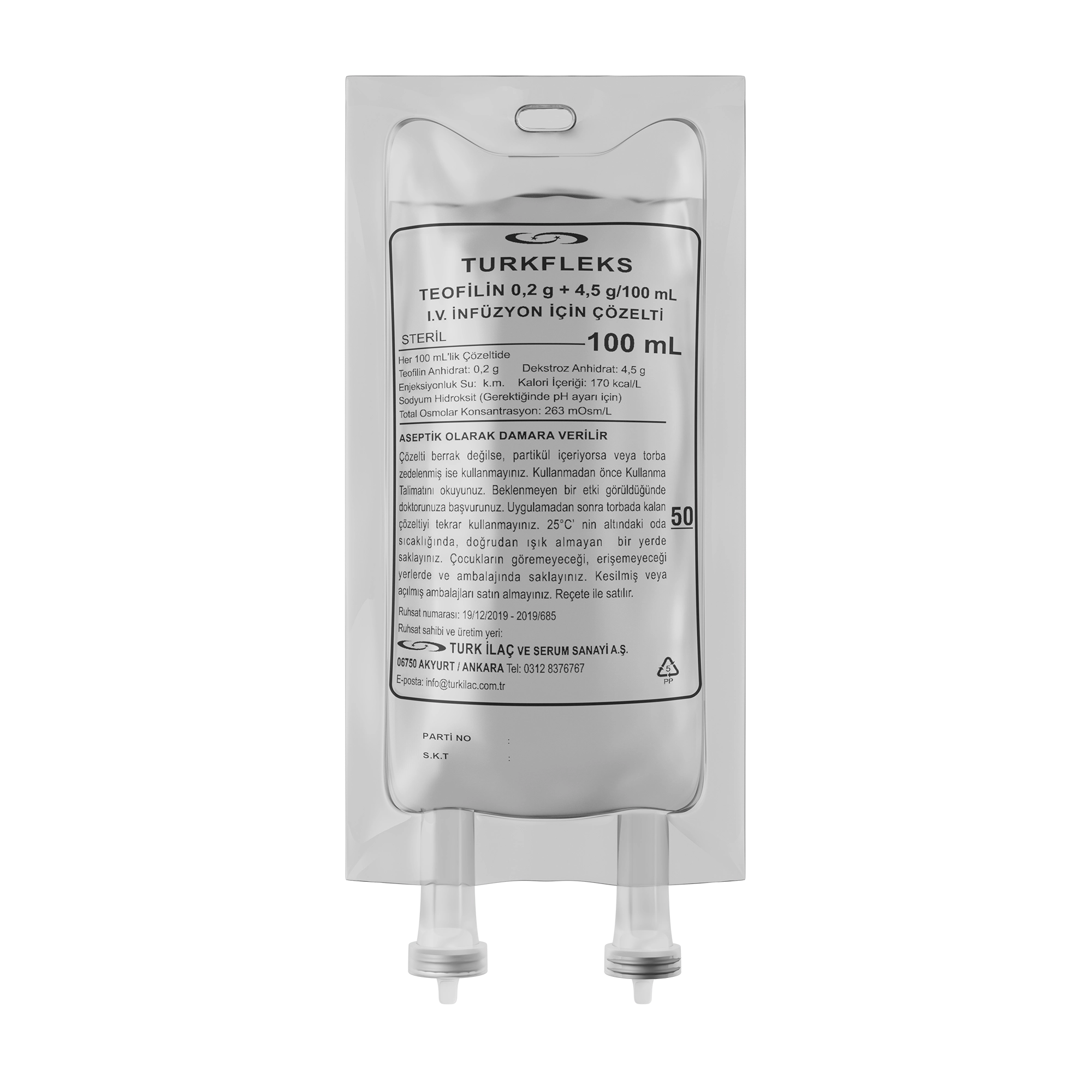 Turkfleks Teofilin 0,2 g + 4,5 g / 100 ml IV İnfüzyon için Çözelti